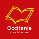 Livre dessiné en jaune avec texte "Occitanie livre et lecture" sur fond rouge