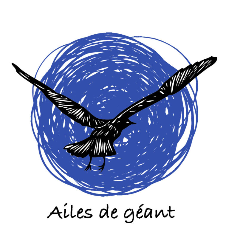 Oiseau noir sur fond rond bleu avec texte "Ailes de géant"