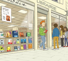 dessin d'étudiants devant une librairie