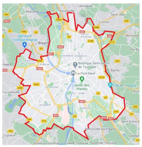 Carte de Toulouse avec mise en évidence des limites administratives
